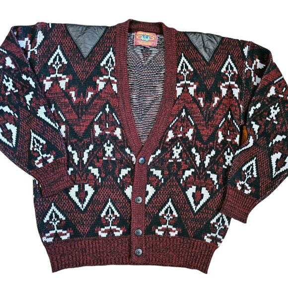 Vintage Mens Medium Grandpa Cardigan Sweater Maroon Geometric Leather Accents - Picture 1 of 7